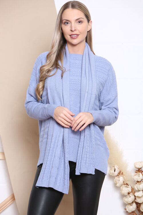 Blue cable knit jumper with matching scarf
