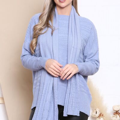 Blue cable knit jumper with matching scarf