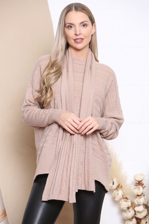 Camel cable knit jumper with matching scarf