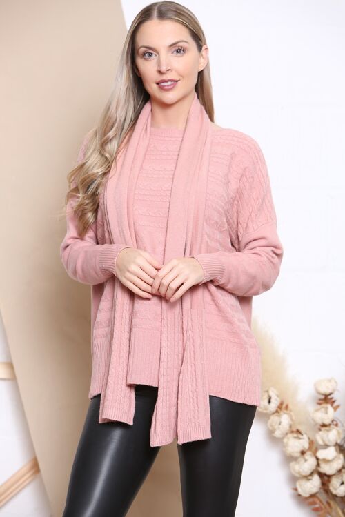 Pink cable knit jumper with matching scarf