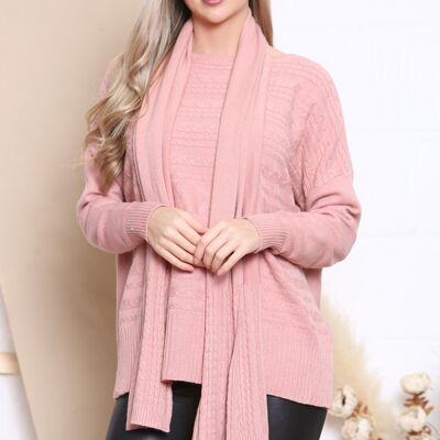Pink cable knit jumper with matching scarf