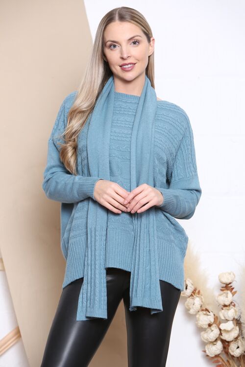 Teal cable knit jumper with matching scarf
