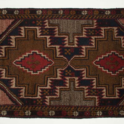Tapis Afghan Baluch 125x80 noué main 80x130 noir motif géométrique poils courts