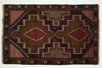 Tapis Afghan Baluch 125x80 noué main 80x130 noir motif géométrique poils courts 1