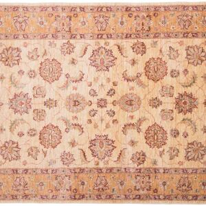 Tapis Afghan Chobi Ziegler 211x148 noué main 150x210 motif fleur beige poil court