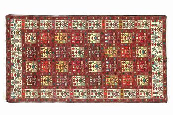 Tapis persan en soie soumakh 187x112 tissé main 110x190 motif géométrique rouge fait main 1