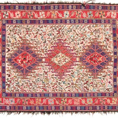 Tapis persan en soie soumakh 136x107 tissé main 110x140 artisanat abstrait multicolore