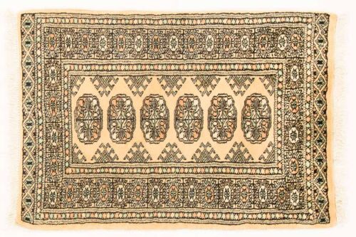 Pakistan Buchara 87x61 Handgeknüpft Teppich 60x90 Beige Geometrisch Muster Kurzflor