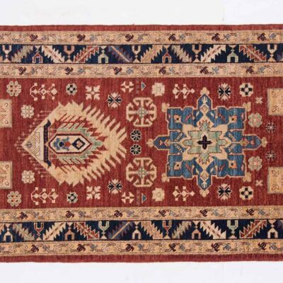 Tapis Afghan Chobi Ziegler 149x89 noué main 90x150 motif géométrique rouge, poils ras