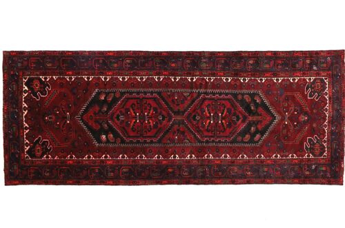 Perser Hamadan 330x138 Handgeknüpft Teppich 140x330 Rot Geometrisch Muster Kurzflor