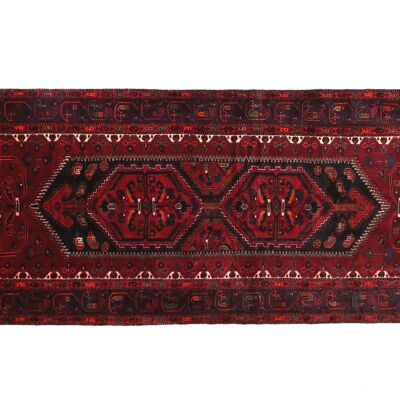 Tapis persan Hamadan 330x138 noué main 140x330 motif géométrique rouge poils courts
