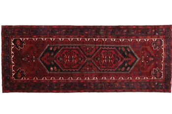 Tapis persan Hamadan 330x138 noué main 140x330 motif géométrique rouge poils courts 1