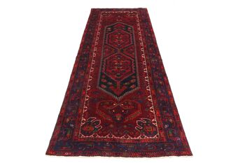 Tapis persan Hamadan 330x138 noué main 140x330 motif géométrique rouge poils courts 2