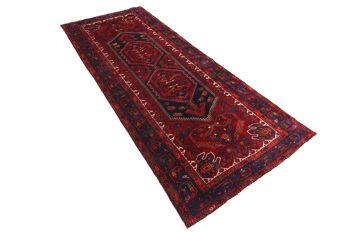 Tapis persan Hamadan 330x138 noué main 140x330 motif géométrique rouge poils courts 3