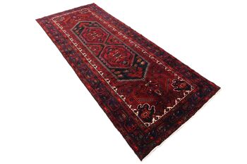 Tapis persan Hamadan 330x138 noué main 140x330 motif géométrique rouge poils courts 4