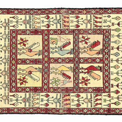 Tapis persan en soie soumakh 90x70 tissé main 70x90 motif géométrique blanc travail manuel Orient