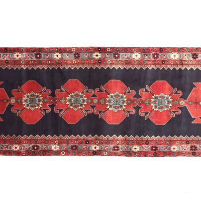 Tappeto persiano Hamadan 304x108 annodato a mano 110x300 disegno geometrico rosso, pelo corto