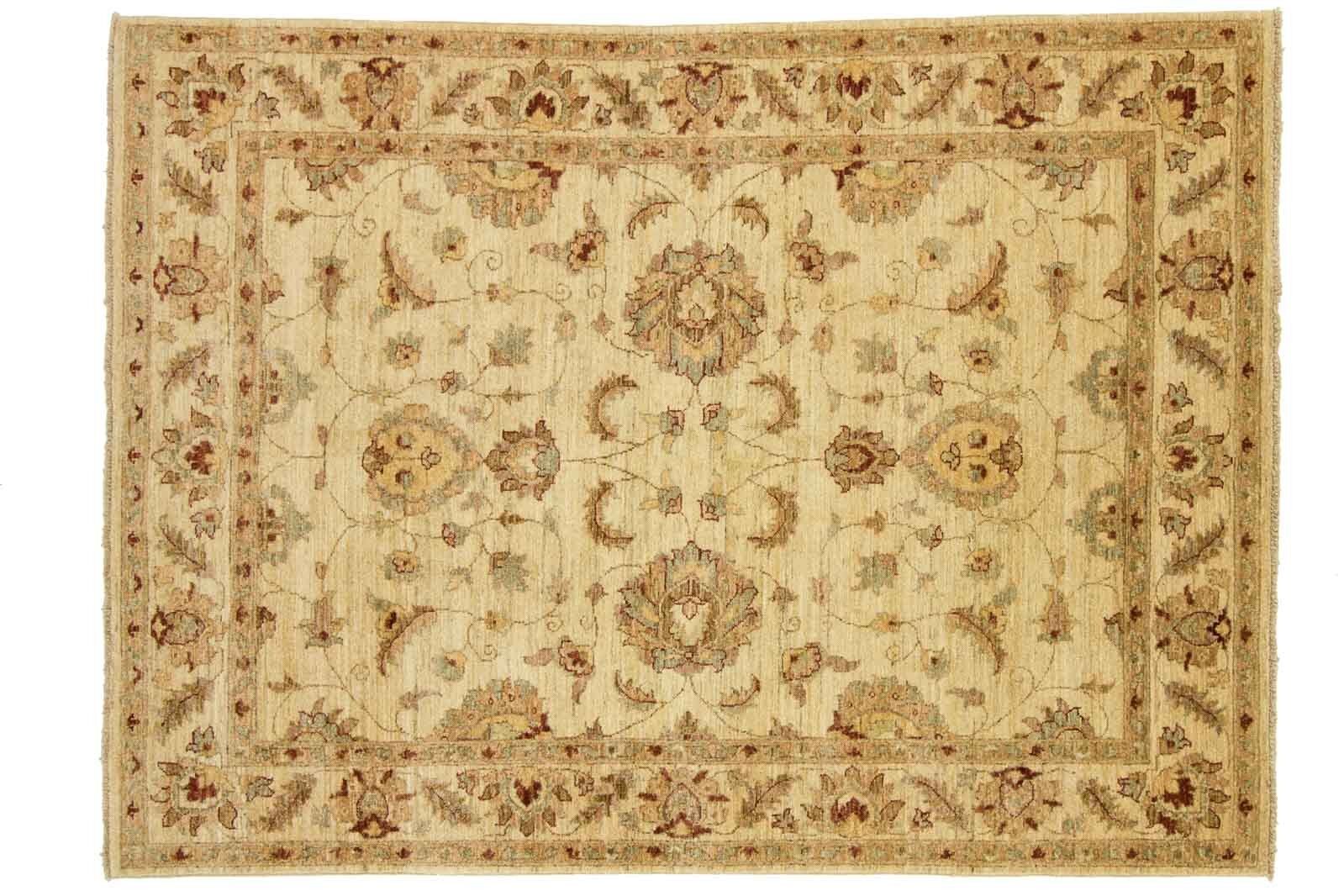Tapis Afghan Chobi Ziegler 197x143 noué main 140x200 motif fleur beige poil court