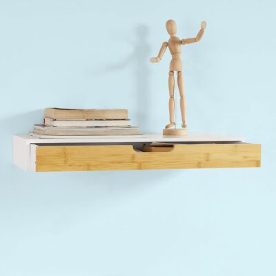 Zwevende plank wit | Hangende lade | Wandplank bamboe | 60x24x8cm