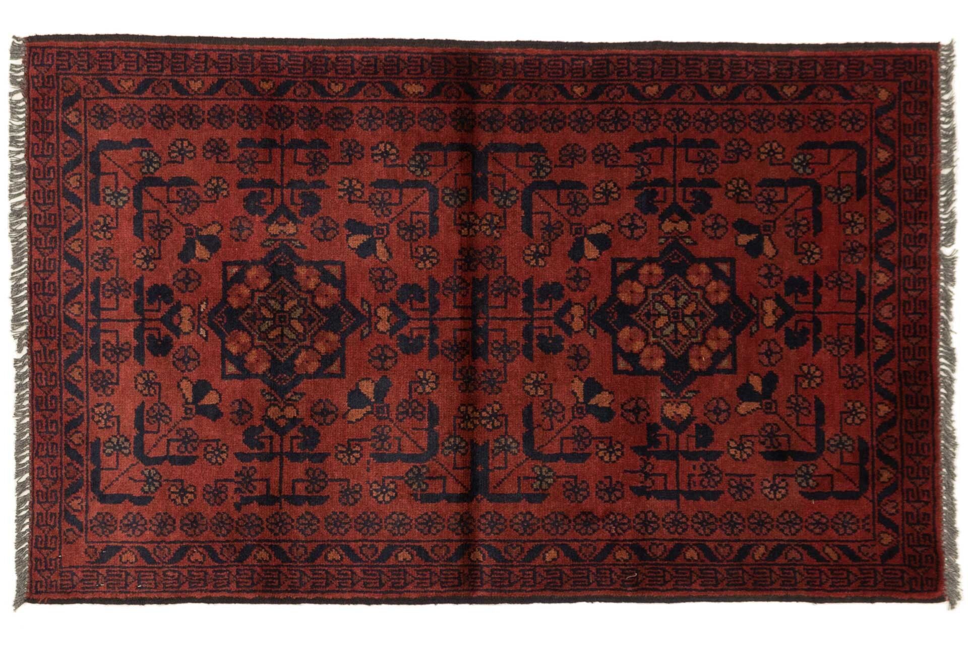 Afghan Khal Mohammadi 120x73 alfombra anudada a mano 70x120 patrón geométrico rojo
