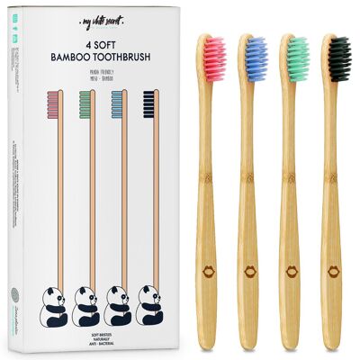 Lot de 4 brosses à dents en bambou multicolores