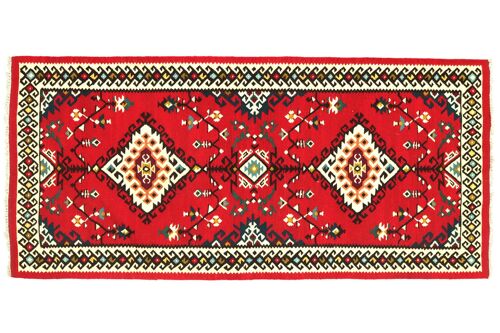 Türkischer Kelim 180x95 Handgewebt Teppich 100x180 Rot Geometrisch Muster Handarbeit