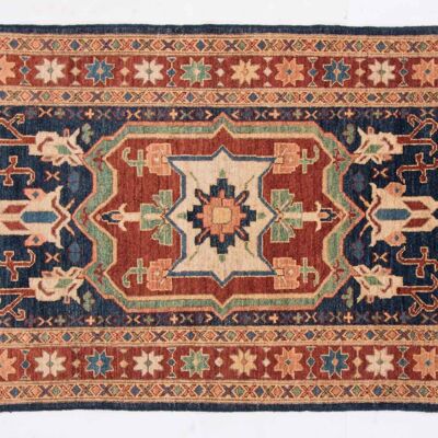 Afghan Chobi Ziegler 145x91 alfombra anudada a mano 90x150 patrón geométrico rojo, pelo corto