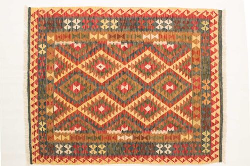 Afghan Maimana Kelim Bunt 190x152 Handgewebt Teppich 150x190 Beige Geometrisch Muster