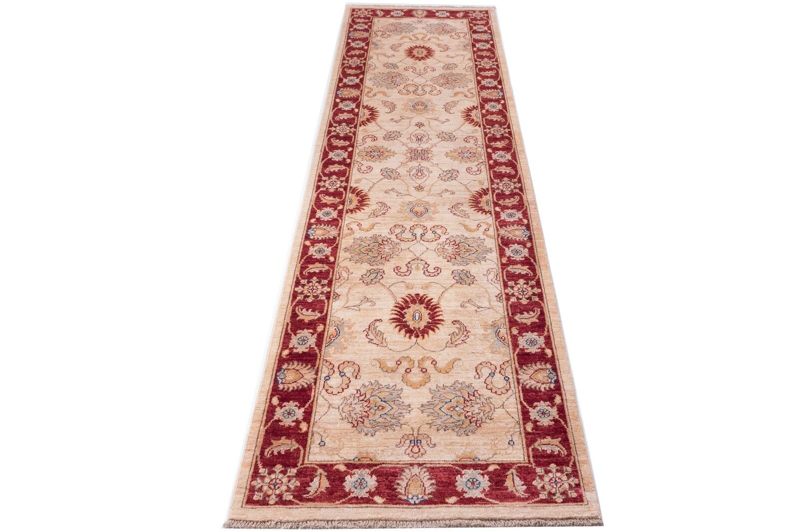 Afghan Chobi Ziegler 290x84 tappeto annodato a mano 80x290 runner beige orientale