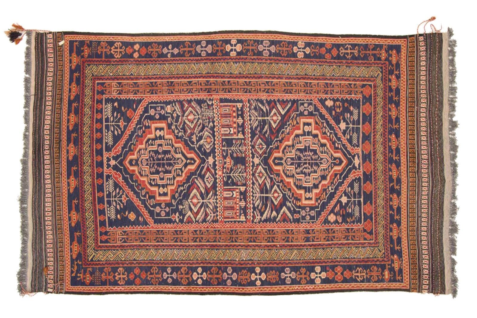 Afghan Taimani Kilim 208x126 Tappeto tessuto a mano 130x210 Motivo geometrico blu