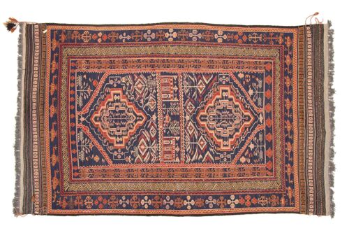 Afghan Taimani Kelim 208x126 Handgewebt Teppich 130x210 Blau Geometrisch Muster