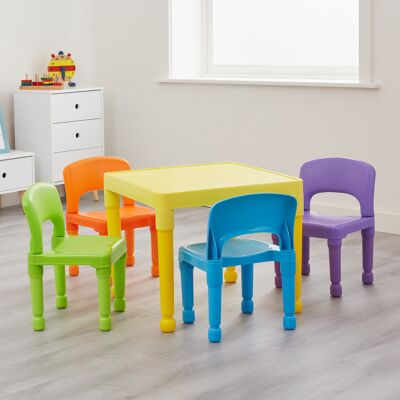 Kinder-Plastiktisch und 4 Stuhl-Set (Bl/Or/Gn/Pu)
