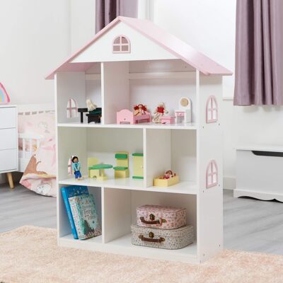 Libreria per casa delle bambole bianca con tetto rosa