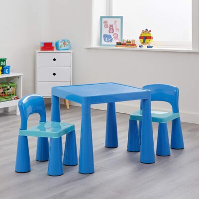 Kinder-Set aus blauem Plastiktisch und Stühlen
