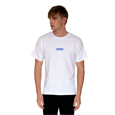 white t-shirt blue logo