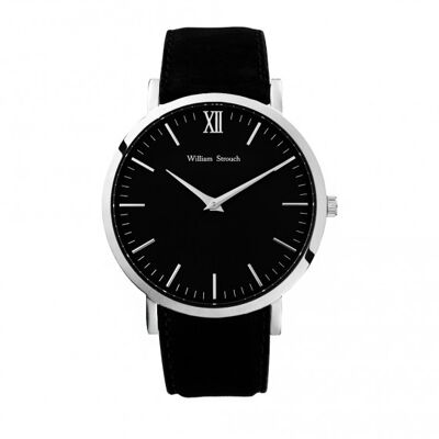 Silver and black leather watch