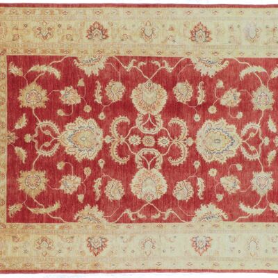 Tapis Afghan Chobi Ziegler 226x166 noué main 170x230 motif fleur rouge poil court
