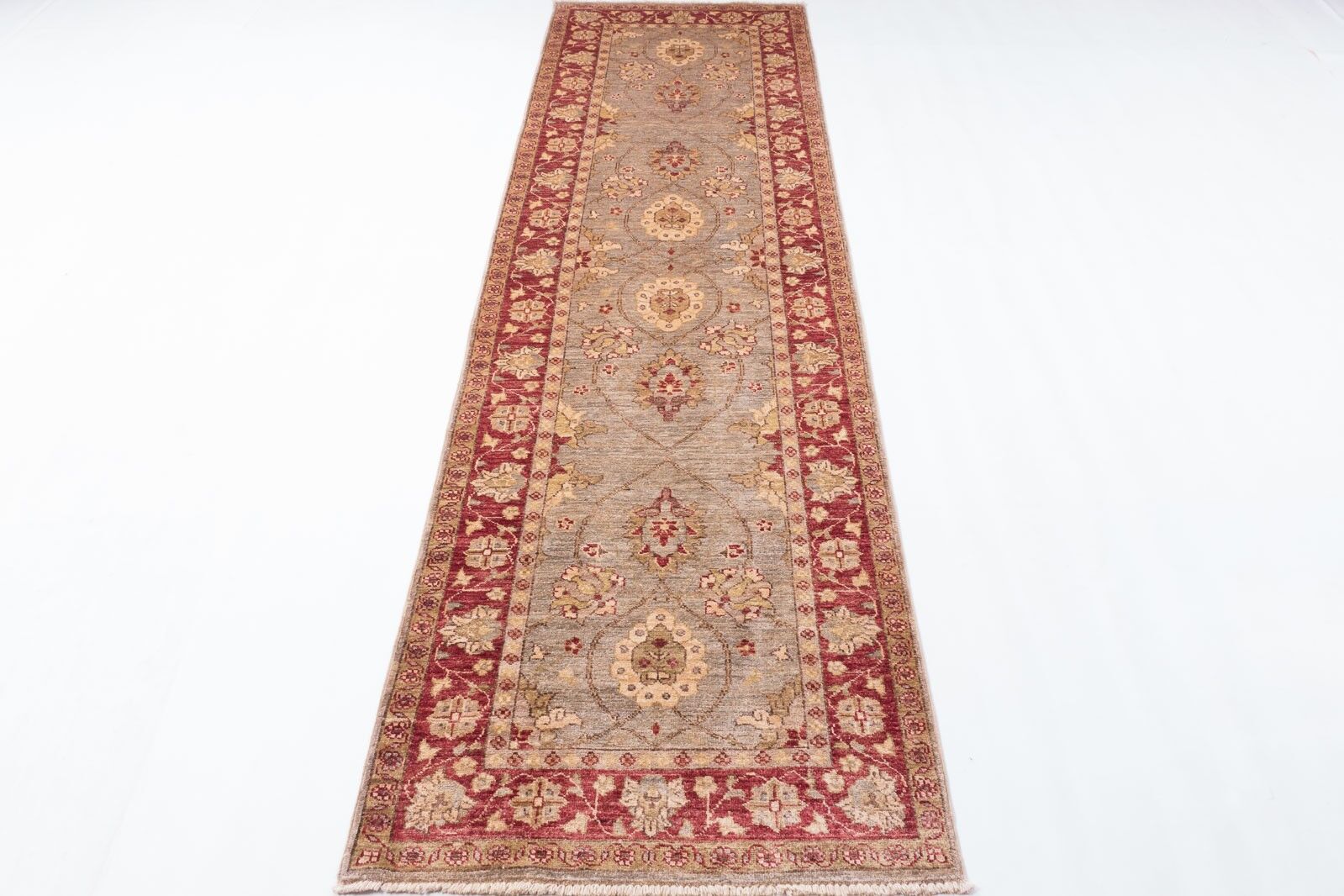 Afghan Chobi Ziegler 296x85 Handgeknüpft Teppich 90x300 Läufer Grau Orientalisch