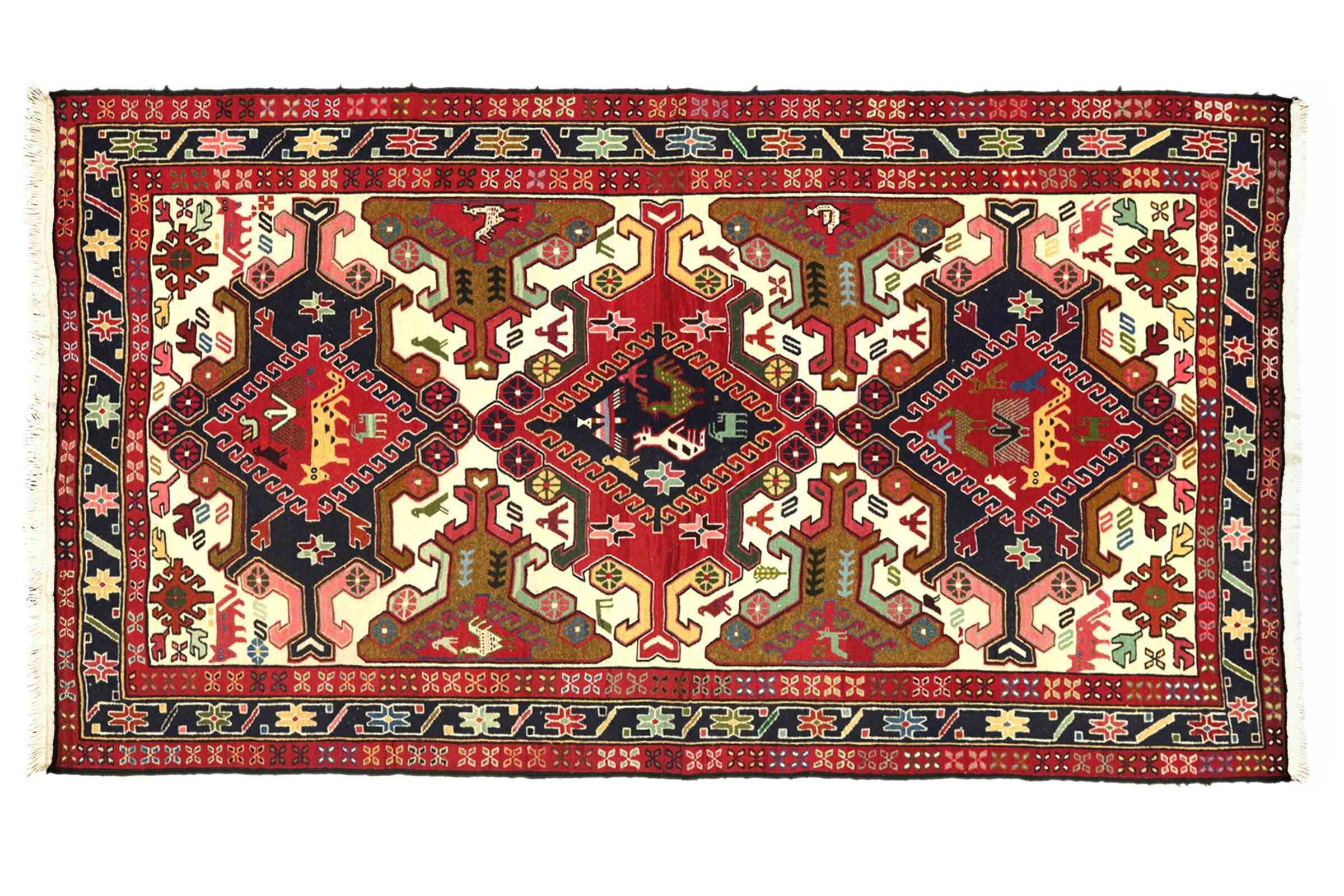 Perser Seidensoumakh 195x115 Handgewebt Teppich 120x200 Rot Geometrisch Muster Handarbeit