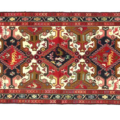 Tappeto persiano soumakh in seta 195x115 tessuto a mano 120x200 rosso motivo geometrico artigianale