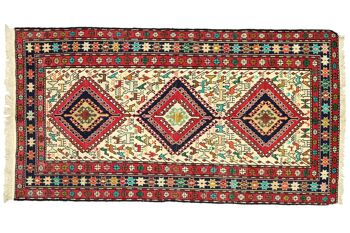 Tapis persan en soie soumakh 195x116 tissé main 120x200 motif géométrique blanc fait main 1