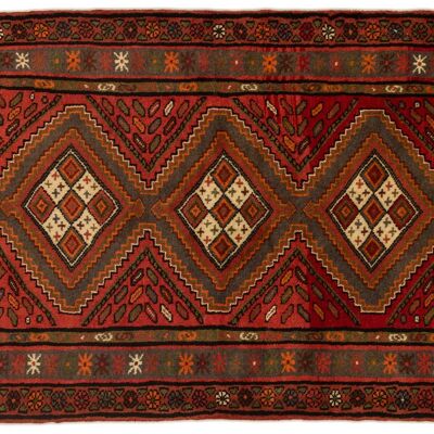 Tapis persan Hamadan 136x100 noué main 100x140 motif géométrique multicolore
