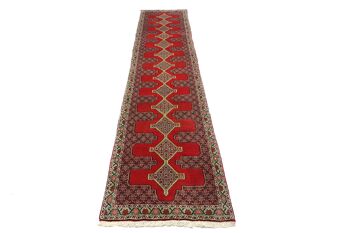 Tapis persan Senneh 390x90 noué main Tapis 90x390 tapis géométrique rouge à poils courts 2