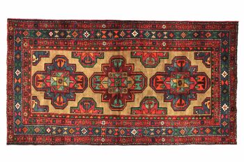 Tapis persan Hamadan 205x125 noué main 130x210 motif géométrique rouge, poils ras 1