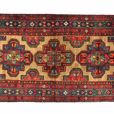 Alfombra persa Hamadan 205x125 anudada a mano 130x210 patrón geométrico rojo, pelo corto