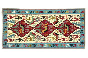 Tapis kilim turc 188x108 tissé main 110x190 bleu motif géométrique travail manuel 1