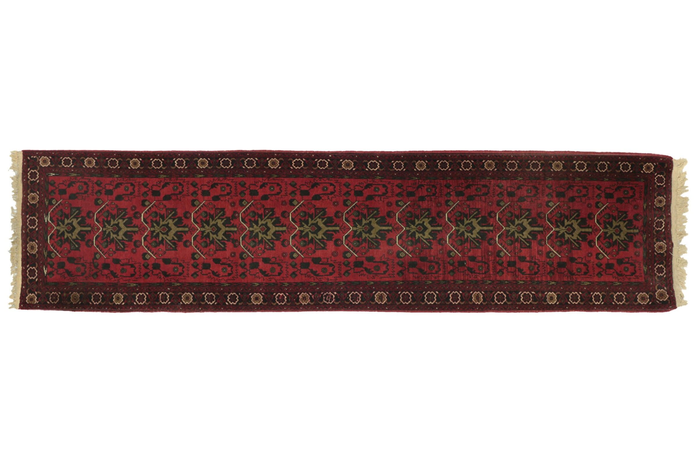 Afghan Mazar 339x80 Tappeto Annodato a Mano 80x340 Runner Rosso Geometrico Pelo Corto Orient