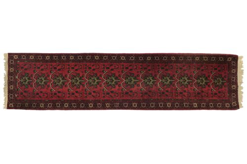 Afghan Mazar 339x80 Handgeknüpft Teppich 80x340 Läufer Rot Geometrisch Kurzflor Orient