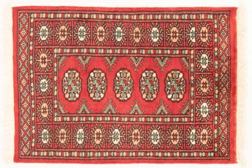 Pakistan Buchara 90x64 Handgeknüpft Teppich 60x90 Rot Geometrisch Muster Kurzflor