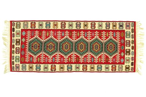 Perser Kelim 195x90 Handgewebt Teppich 90x200 Rot Geometrisch Muster Handarbeit Orient